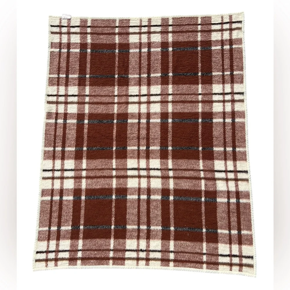 VTG Biederlack Made in USA Plush Plaid Fleece Brown Cabin Camping Blanket 70x55”